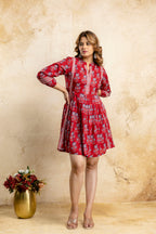 Heritage Handblock Red Fit & Flare Cotton Dress