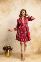 Heritage Handblock Red Fit & Flare Cotton Dress
