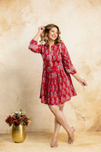 Heritage Handblock Red Fit & Flare Cotton Dress