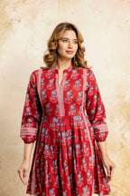 Heritage Handblock Red Fit & Flare Cotton Dress