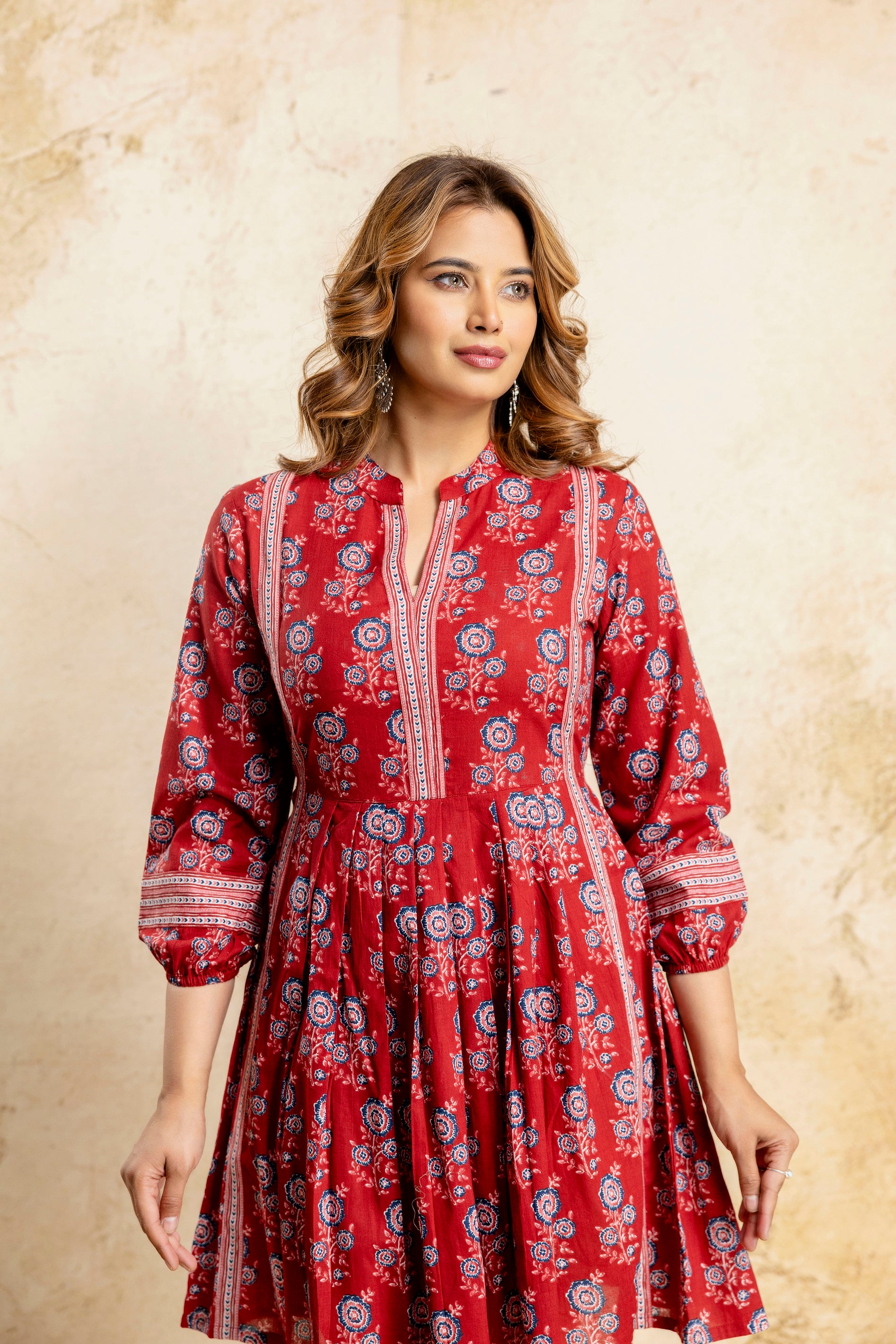 Heritage Handblock Red Fit & Flare Cotton Dress