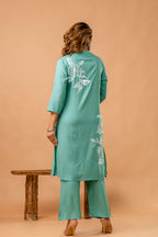 Elegant Sea Green Floral Front-Slit Kurta Set