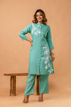 Elegant Sea Green Floral Front-Slit Kurta Set