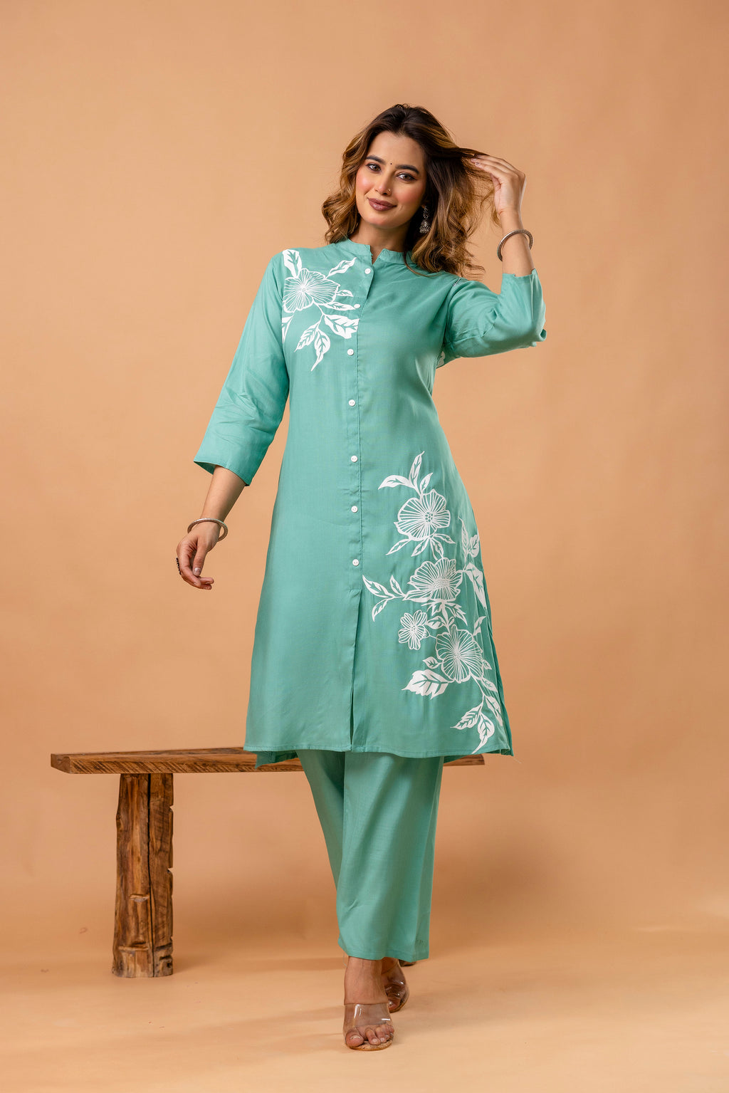 Elegant Sea Green Floral Front-Slit Kurta Set
