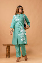 Elegant Sea Green Floral Front-Slit Kurta Set