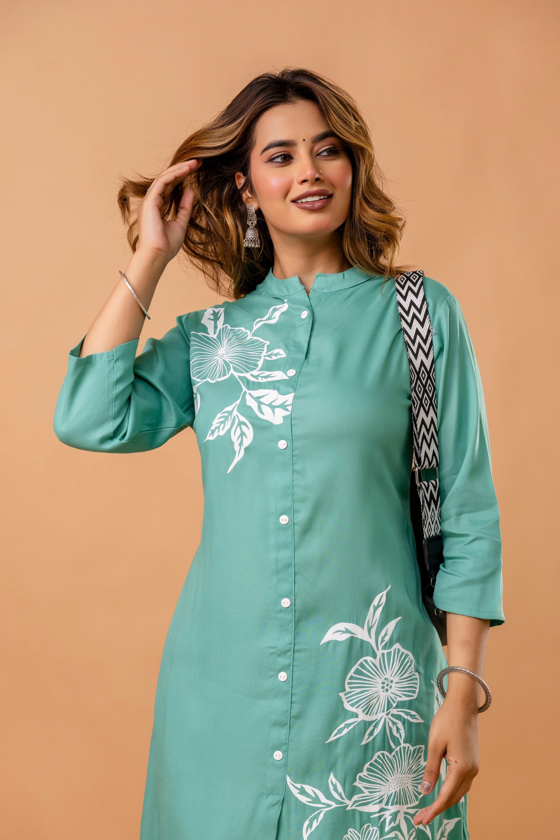 Elegant Sea Green Floral Front-Slit Kurta Set
