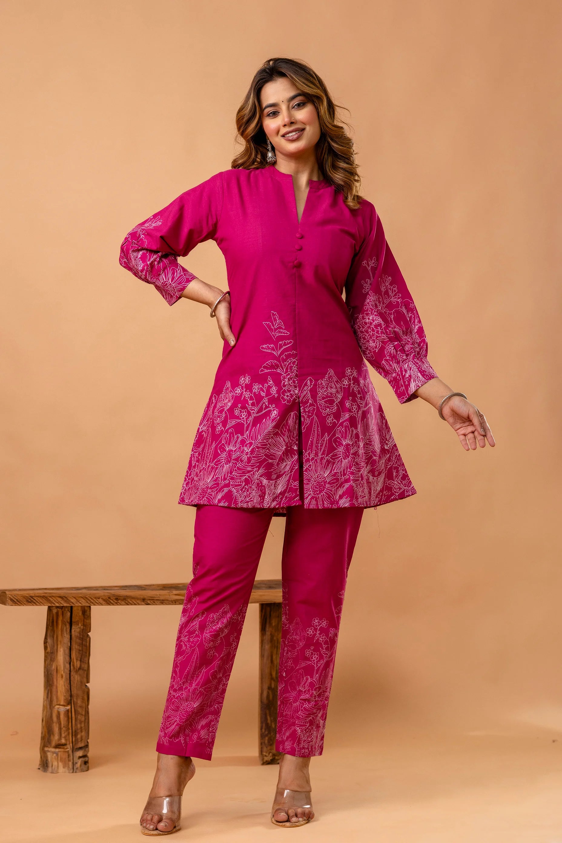 Vibrant Pink Floral Printed Cotton Coord Set