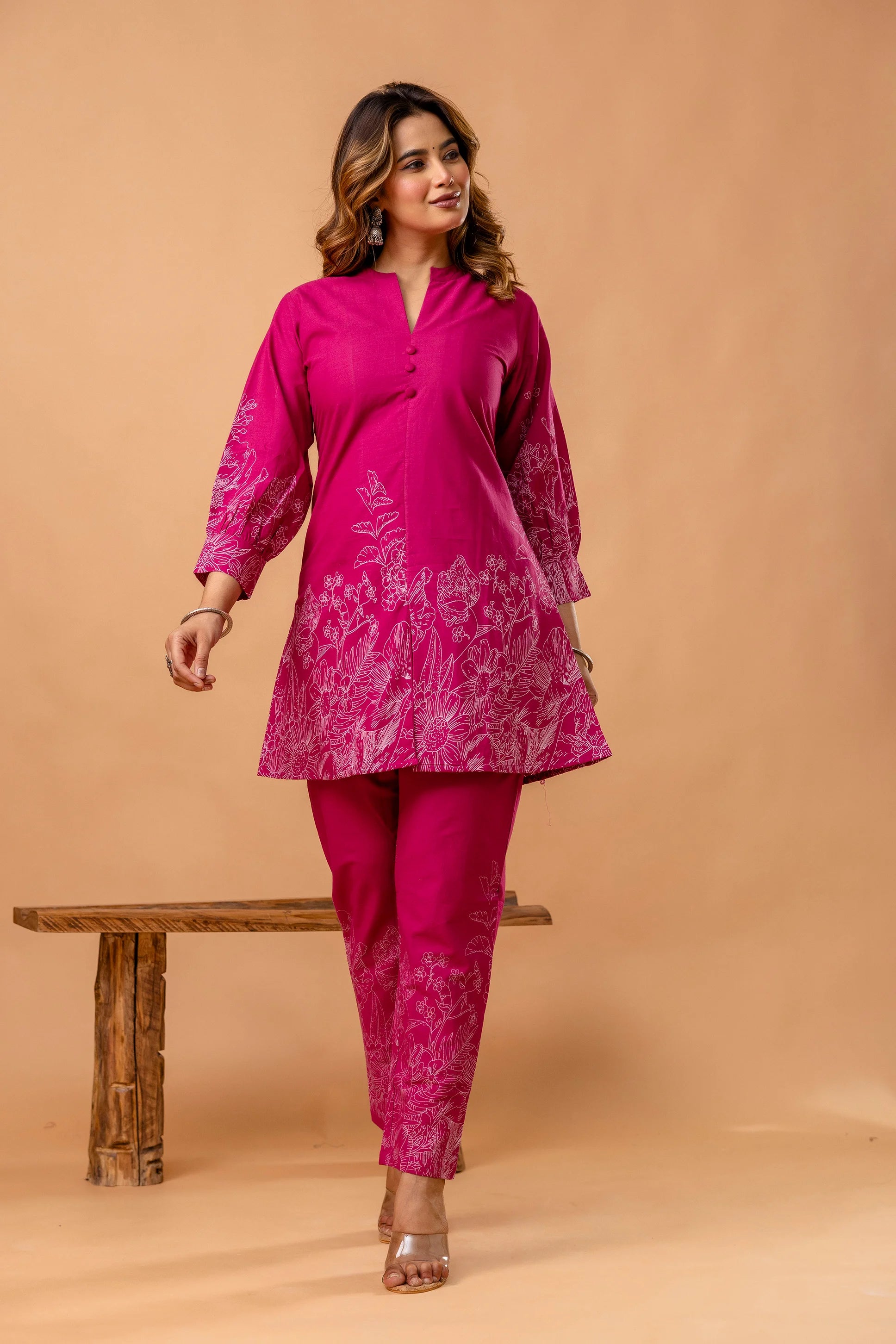 Vibrant Pink Floral Printed Cotton Coord Set