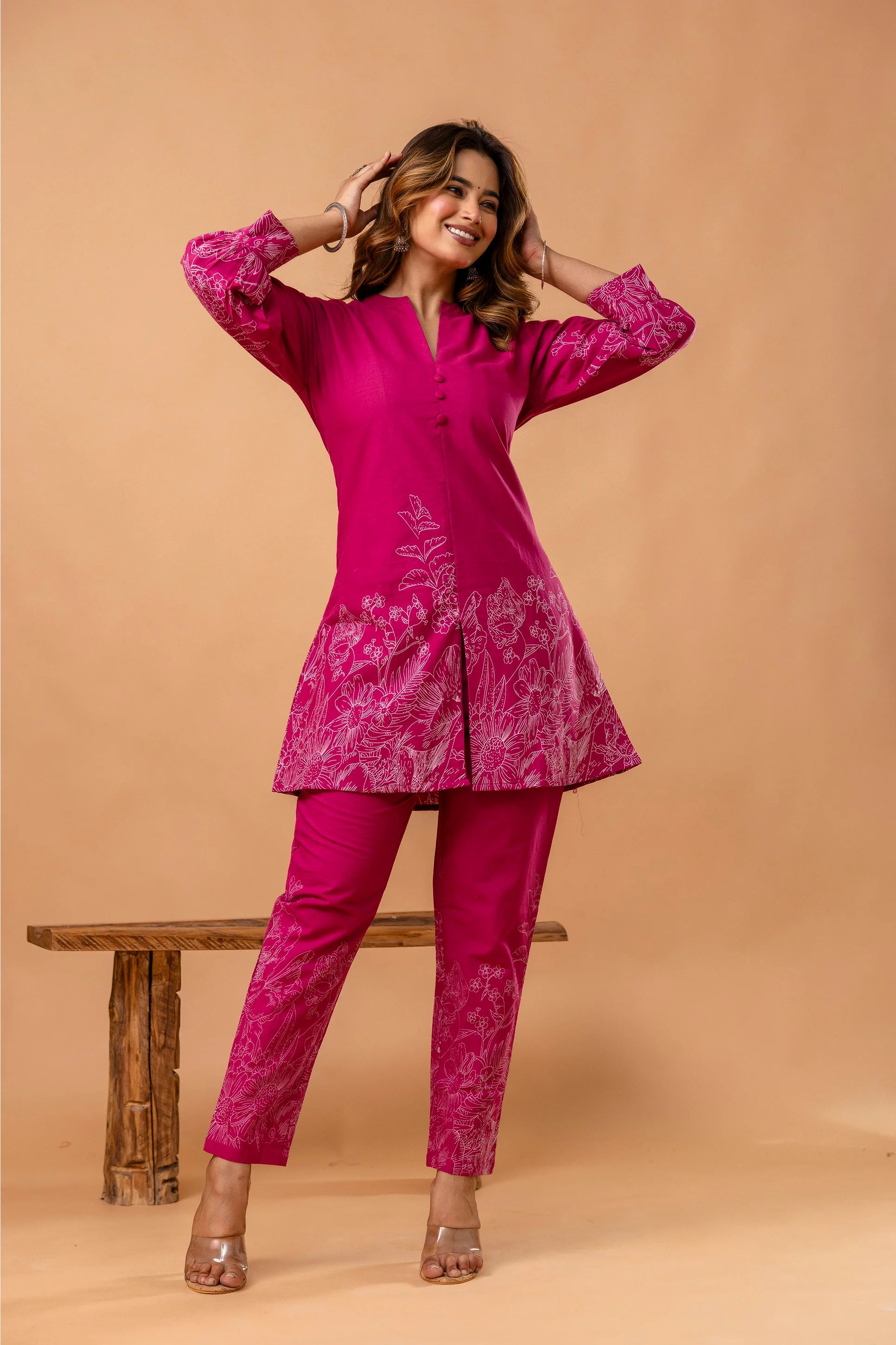 Vibrant Pink Floral Printed Cotton Coord Set