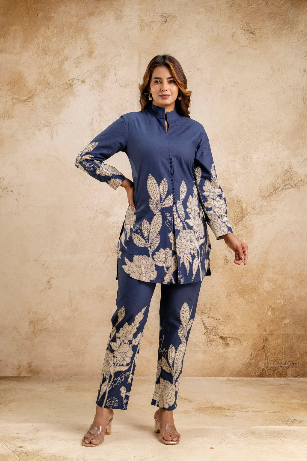 Elegant Women's Blue Floral Printed Cotton Coord Set