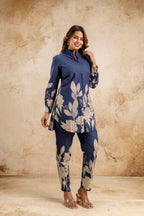 Elegant Women's Blue Floral Printed Cotton Coord Set