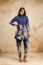 Elegant Women's Blue Floral Printed Cotton Coord Set