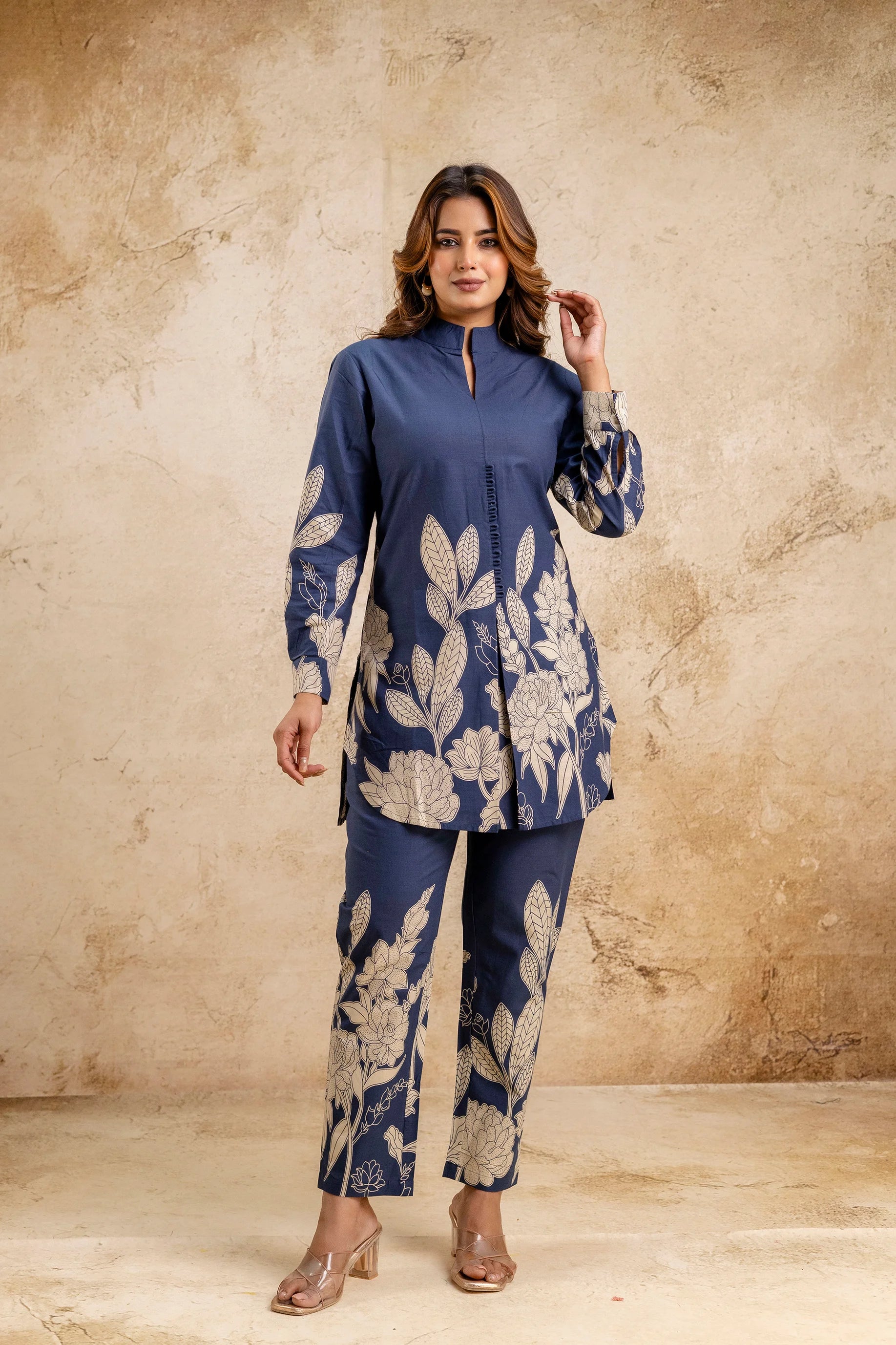 Elegant Women's Blue Floral Printed Cotton Coord Set