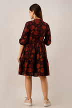 Black Floral Fit & Flare Cotton Short Dress