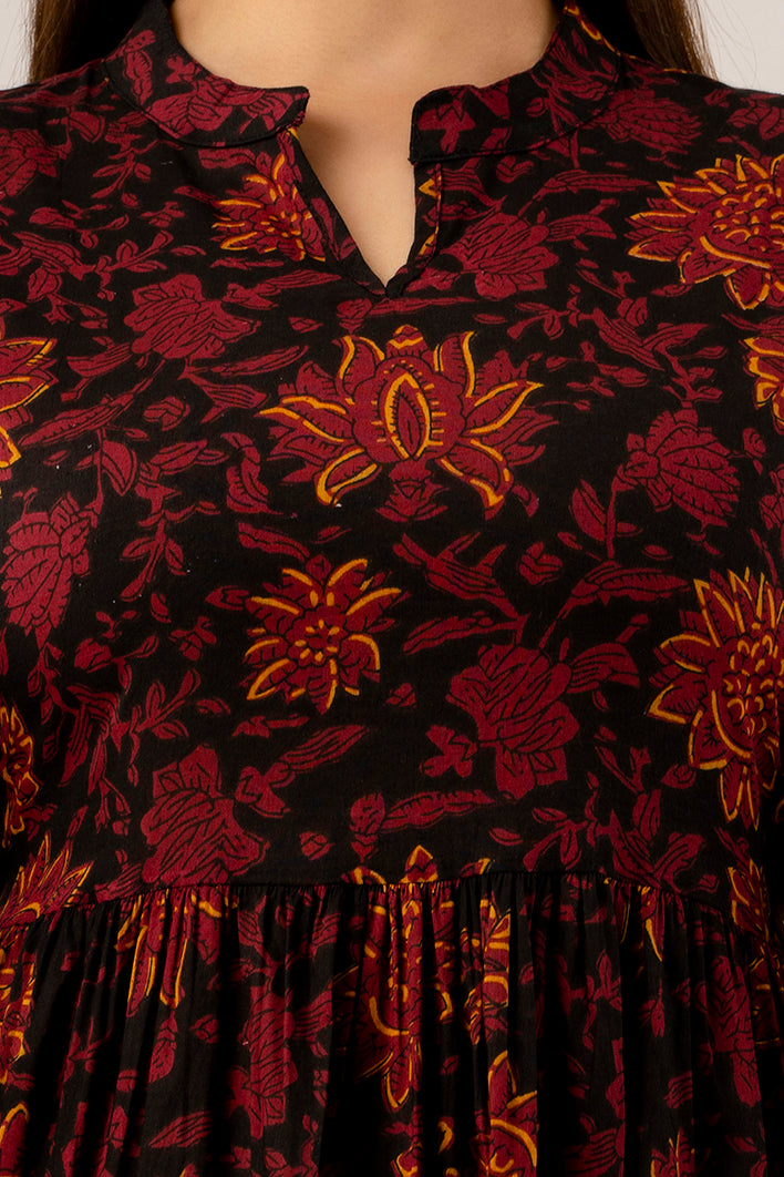 Black Floral Fit & Flare Cotton Short Dress