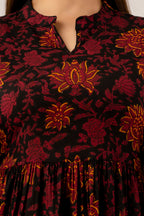 Black Floral Fit & Flare Cotton Short Dress