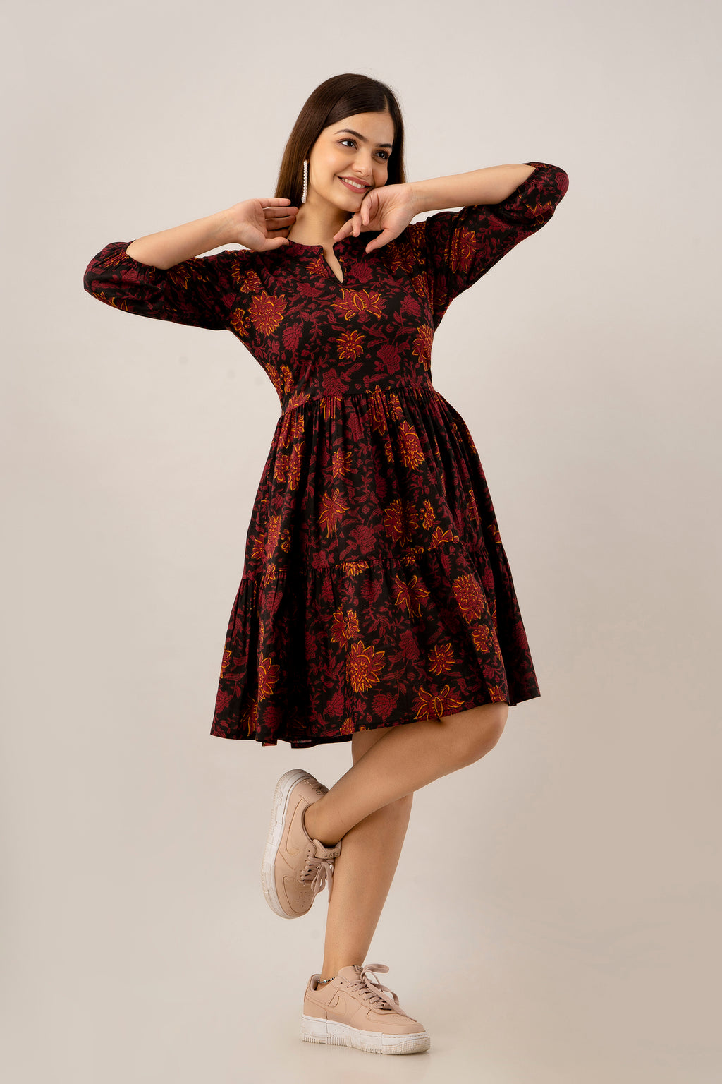 Black Floral Fit & Flare Cotton Short Dress