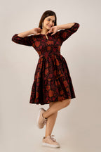 Black Floral Fit & Flare Cotton Short Dress