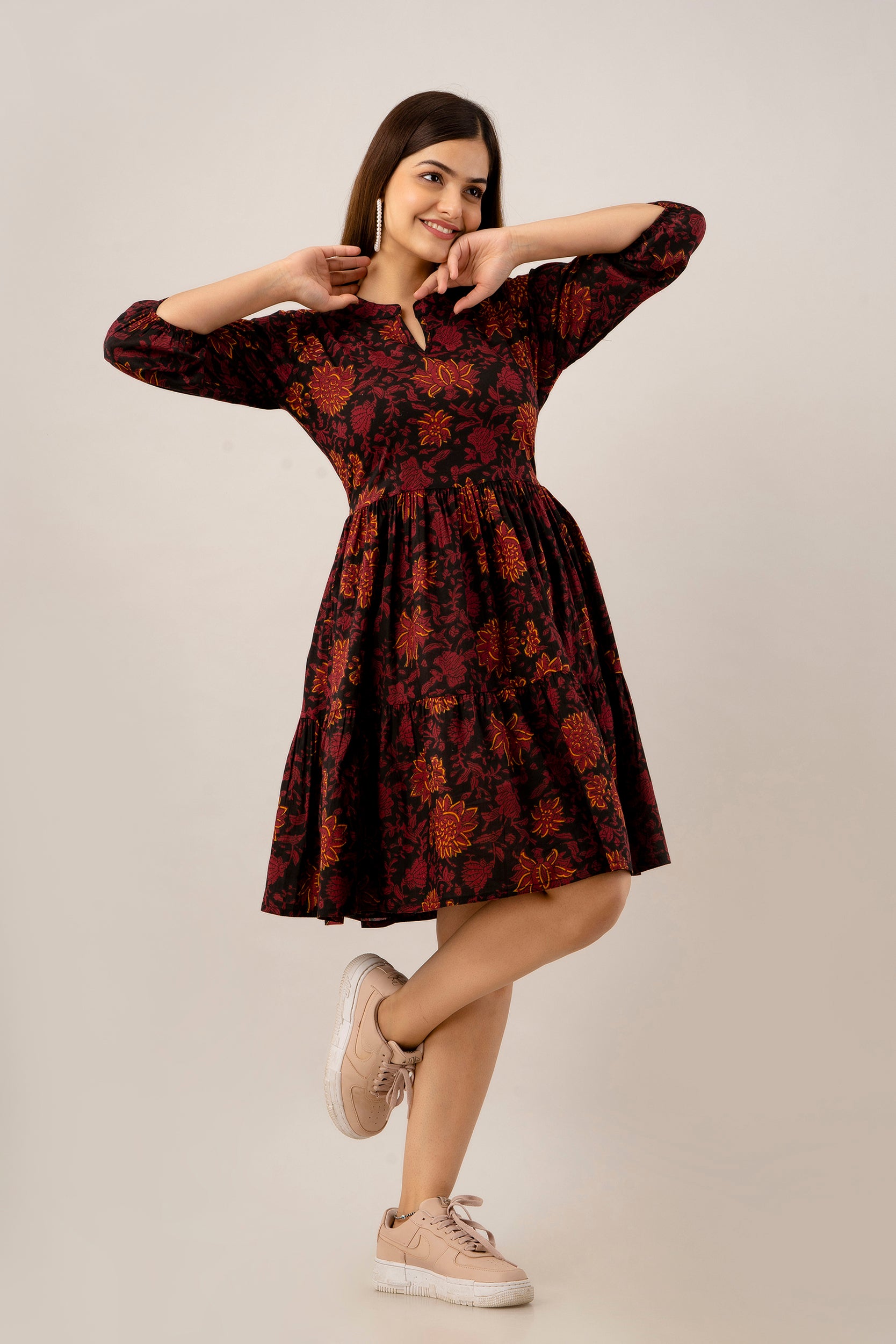 Black Floral Fit & Flare Cotton Short Dress