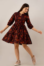 Black Floral Fit & Flare Cotton Short Dress