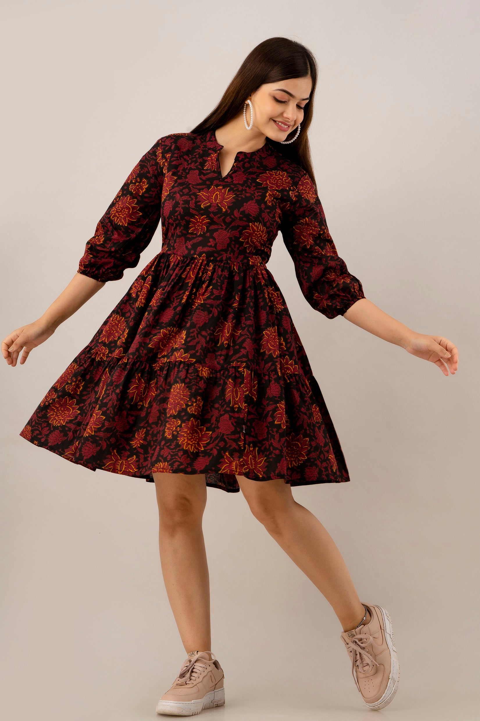 Black Floral Fit & Flare Cotton Short Dress