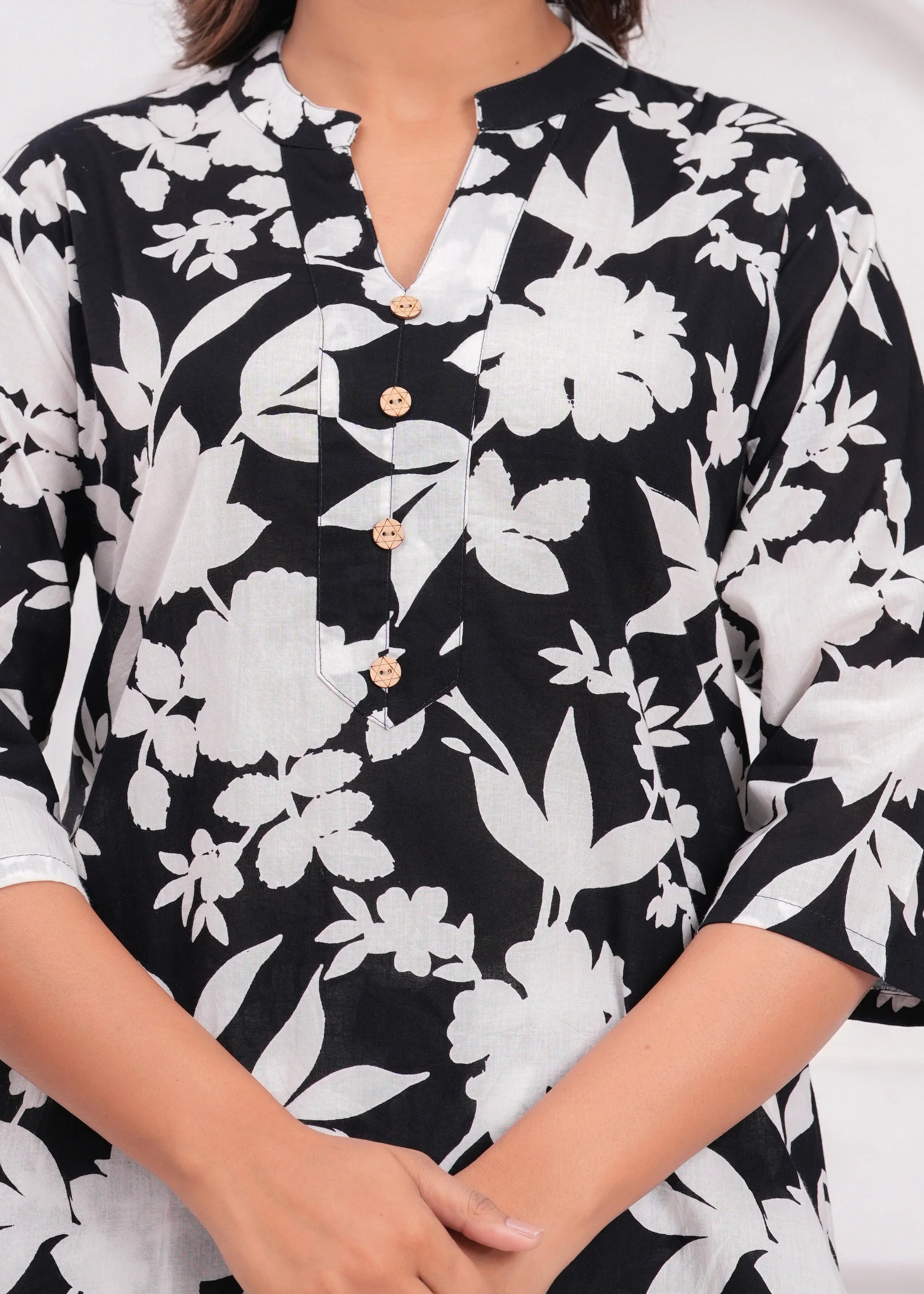 Floral Printed Black Cotton Night Suit for Women – Lightweight Comfort