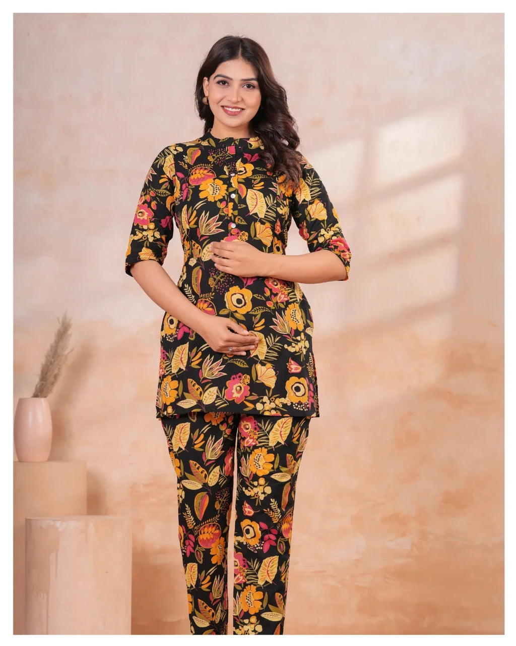 Noir Floral Elegance Maternity & Nursing Cotton Co-Ord Set
