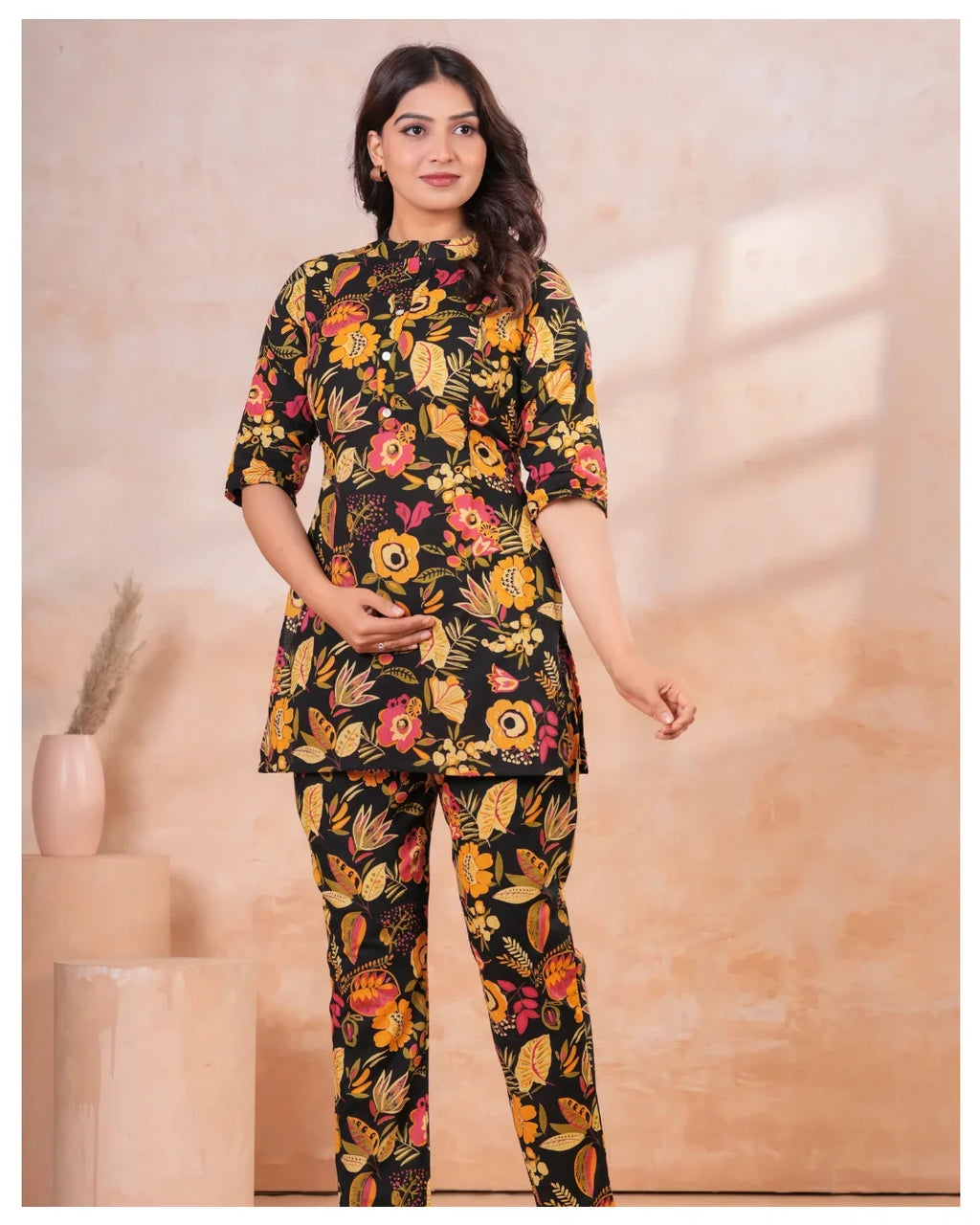 Noir Floral Elegance Maternity & Nursing Cotton Co-Ord Set