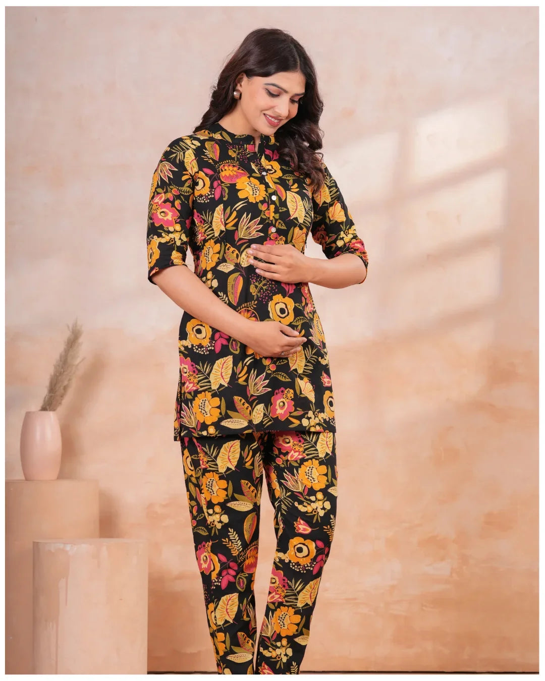 Noir Floral Elegance Maternity & Nursing Cotton Co-Ord Set