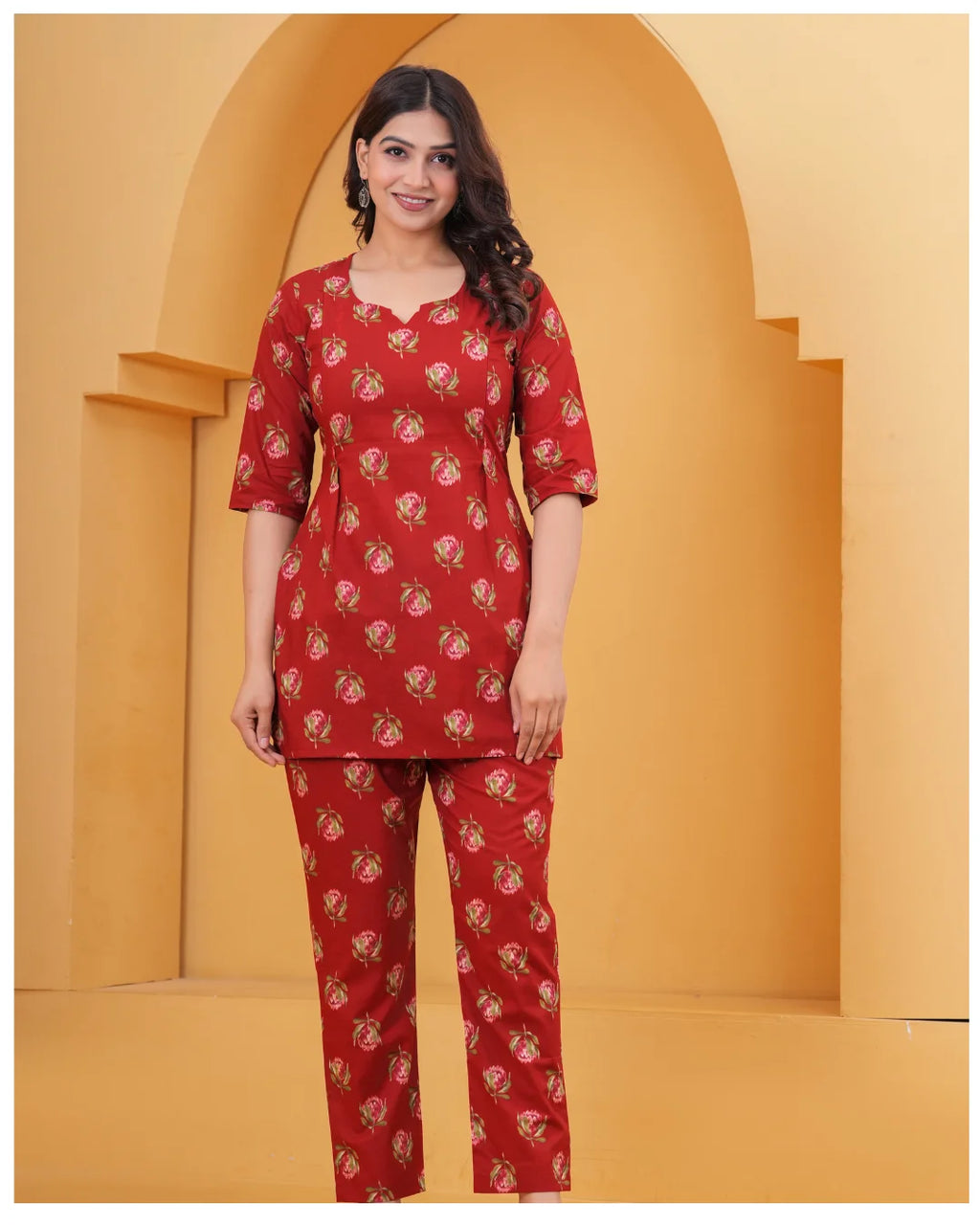 Red Floral Maternity & Feeding Kurta Pant Co-Ord Set – Nursing Friendly Cotton Wear