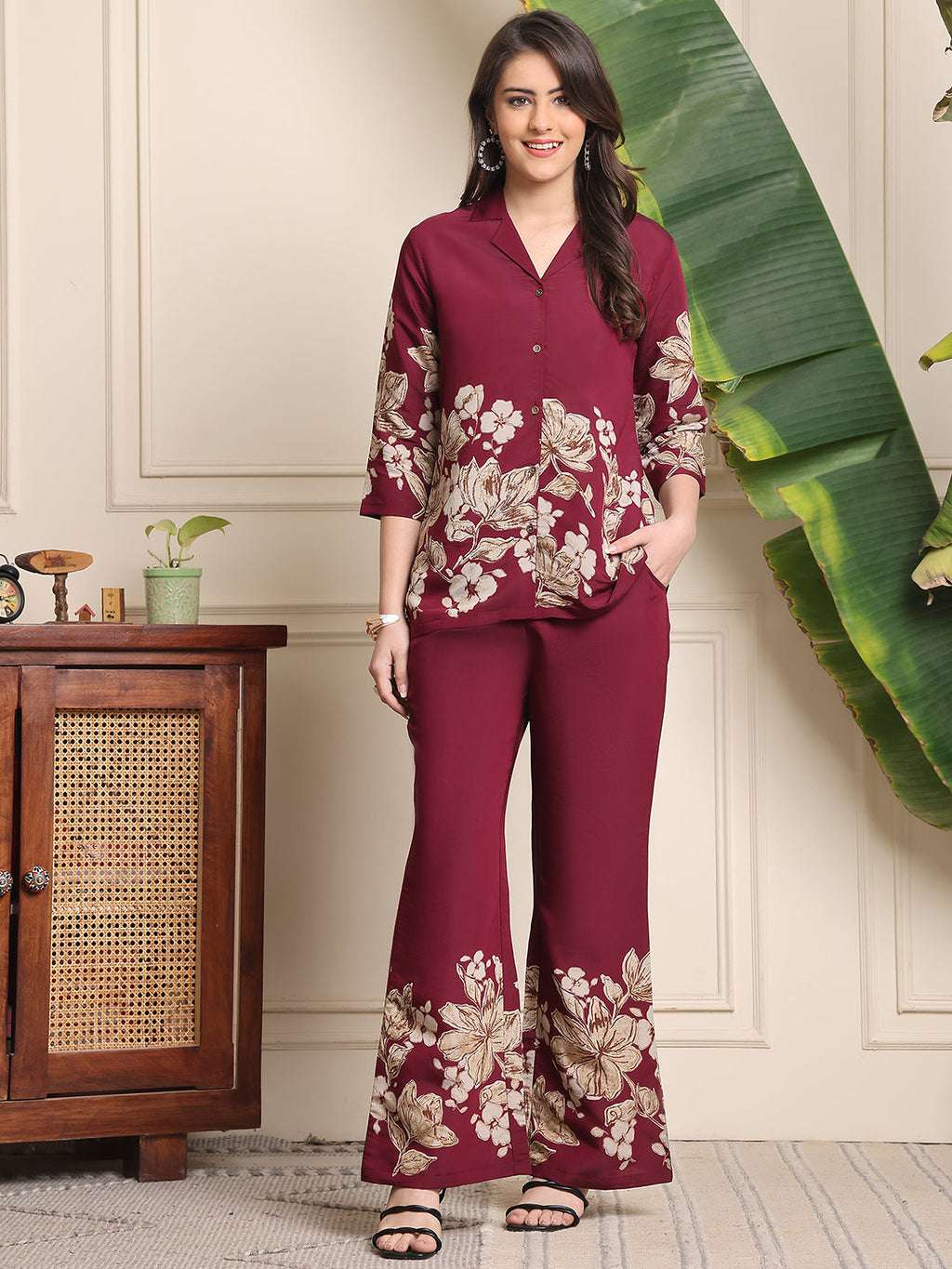 Elegant Wine Floral Co-ord Set in Soft Rayon