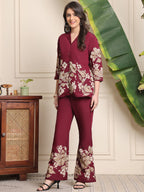 Elegant Wine Floral Co-ord Set in Soft Rayon