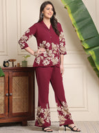 Elegant Wine Floral Co-ord Set in Soft Rayon
