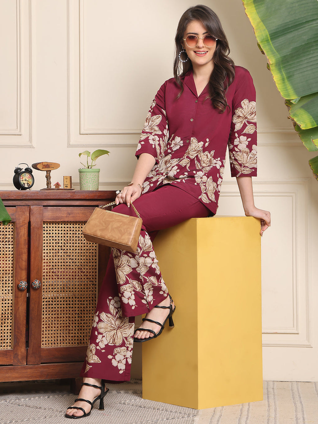Elegant Wine Floral Co-ord Set in Soft Rayon
