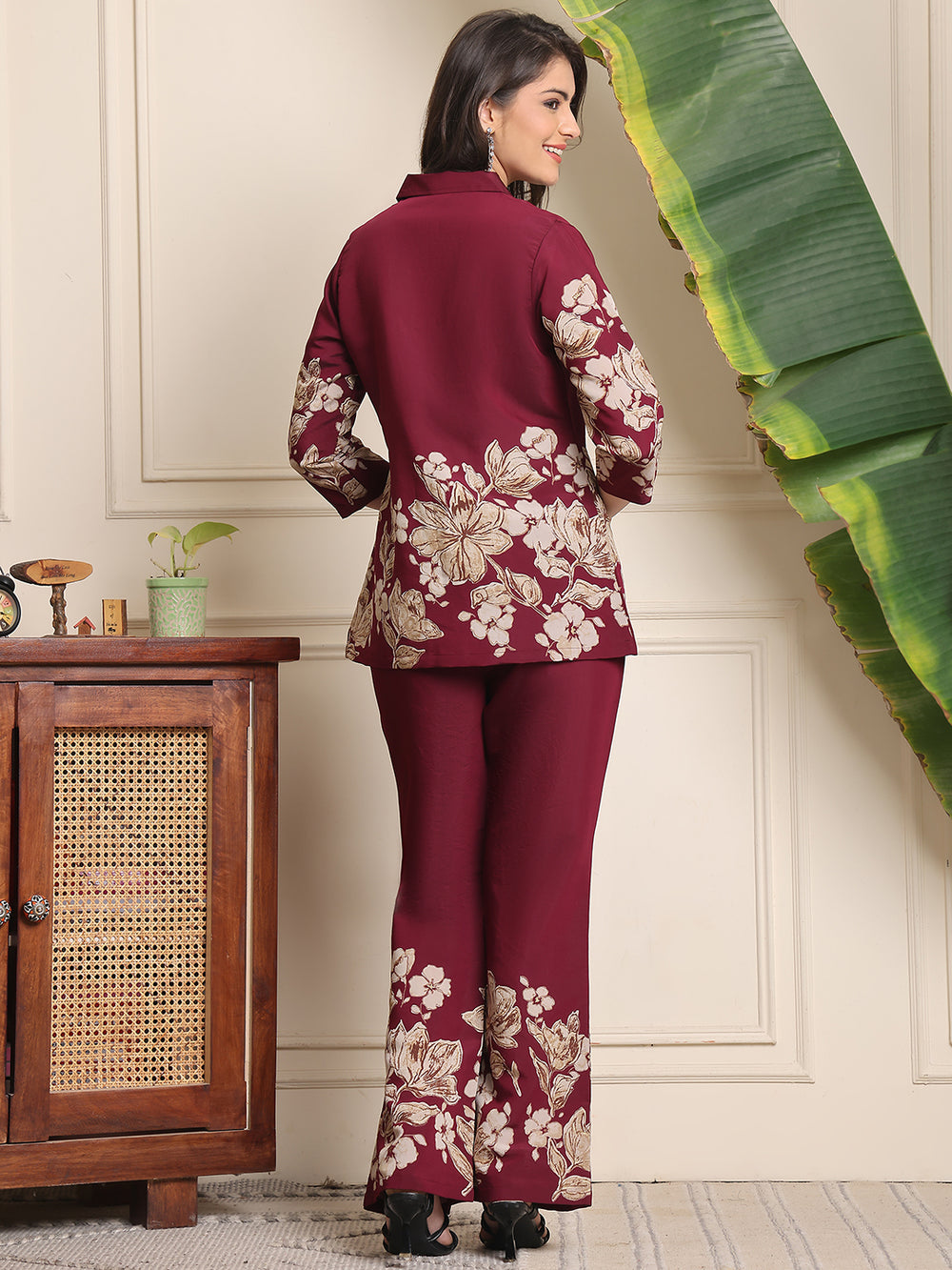 Elegant Wine Floral Co-ord Set in Soft Rayon