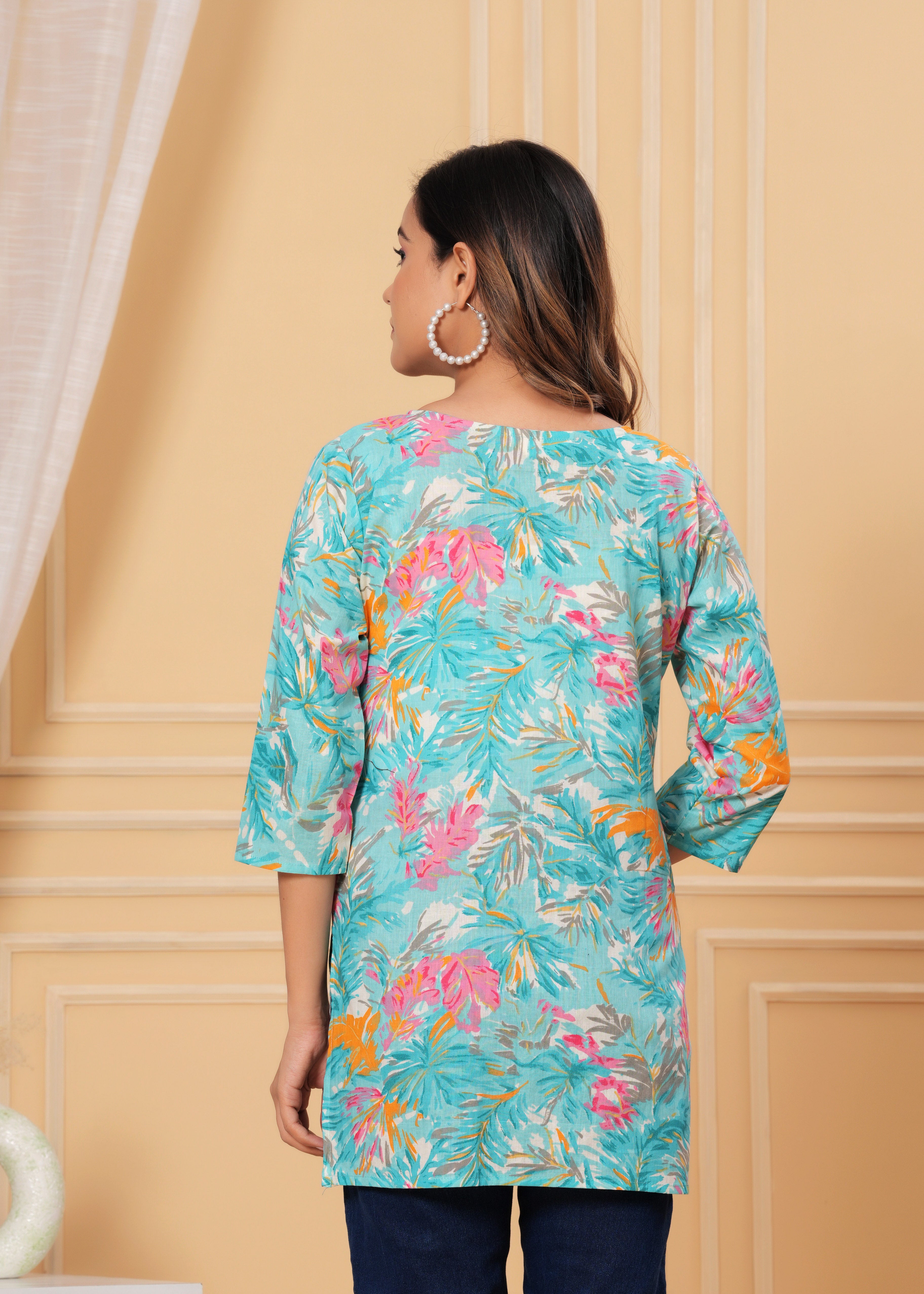 Turquoise Floral Cotton Straight Top for Women