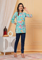 Turquoise Floral Cotton Straight Top for Women