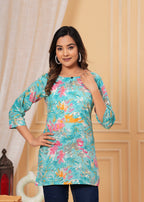 Turquoise Floral Cotton Straight Top for Women