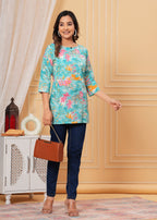 Turquoise Floral Cotton Straight Top for Women