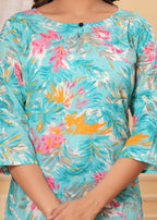 Turquoise Floral Cotton Straight Top for Women