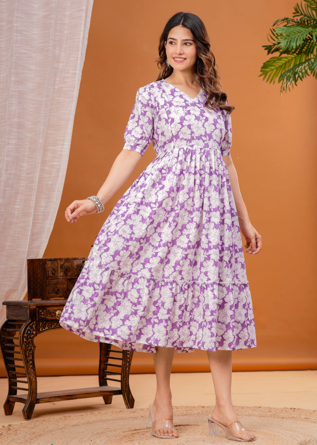 Soft Cotton Maternity & Casual Dress – Lavender Floral Print