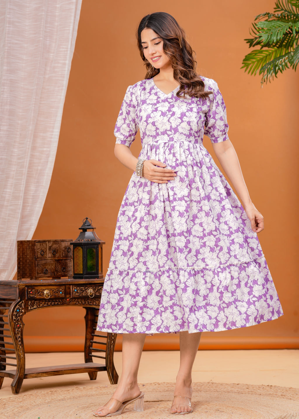 Soft Cotton Maternity & Casual Dress – Lavender Floral Print