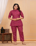 Magenta Floral Printed Cotton Maternity Kurti Pant Set