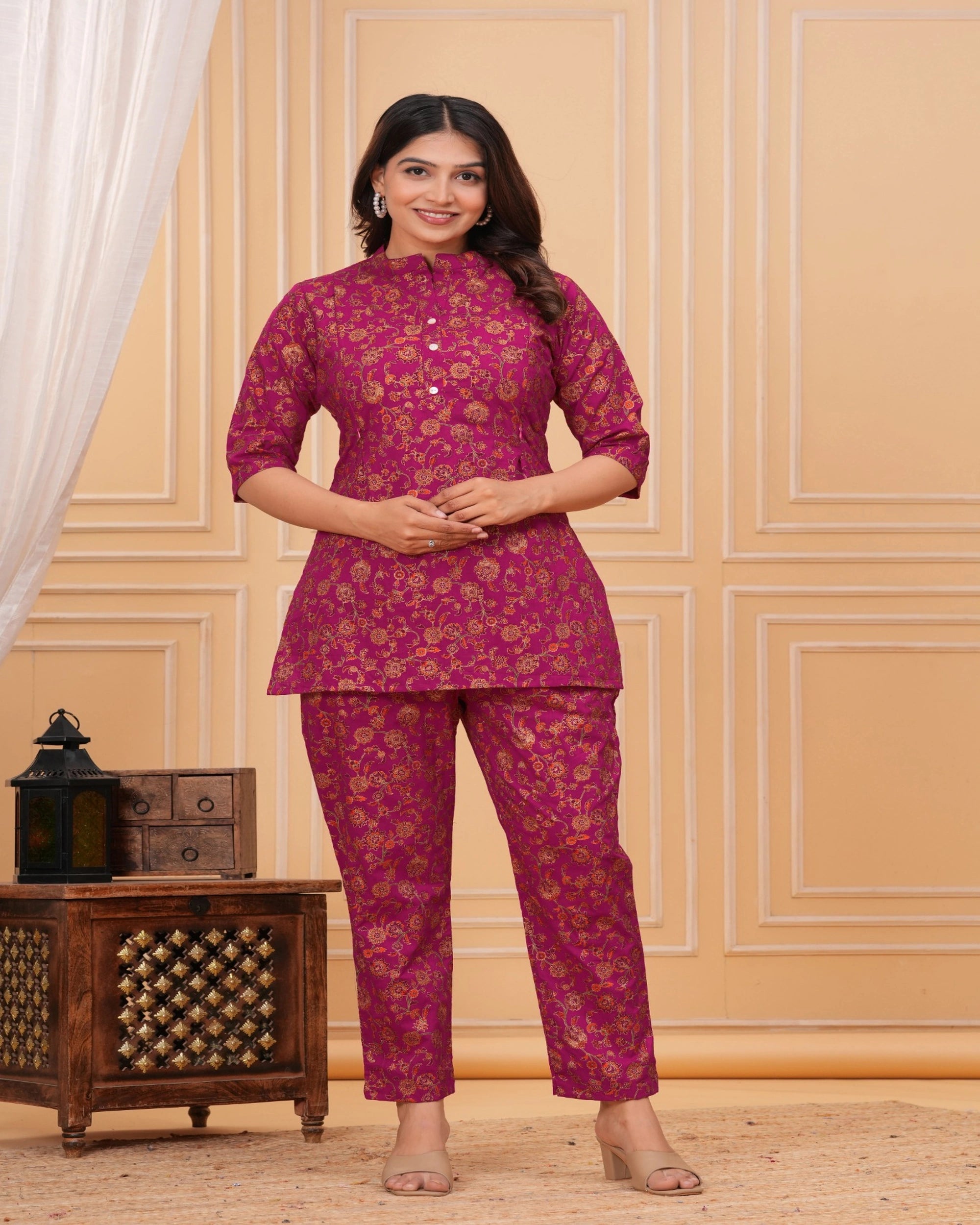 Magenta Floral Printed Cotton Maternity Kurti Pant Set
