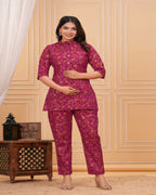 Magenta Floral Printed Cotton Maternity Kurti Pant Set