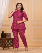 Magenta Floral Printed Cotton Maternity Kurti Pant Set