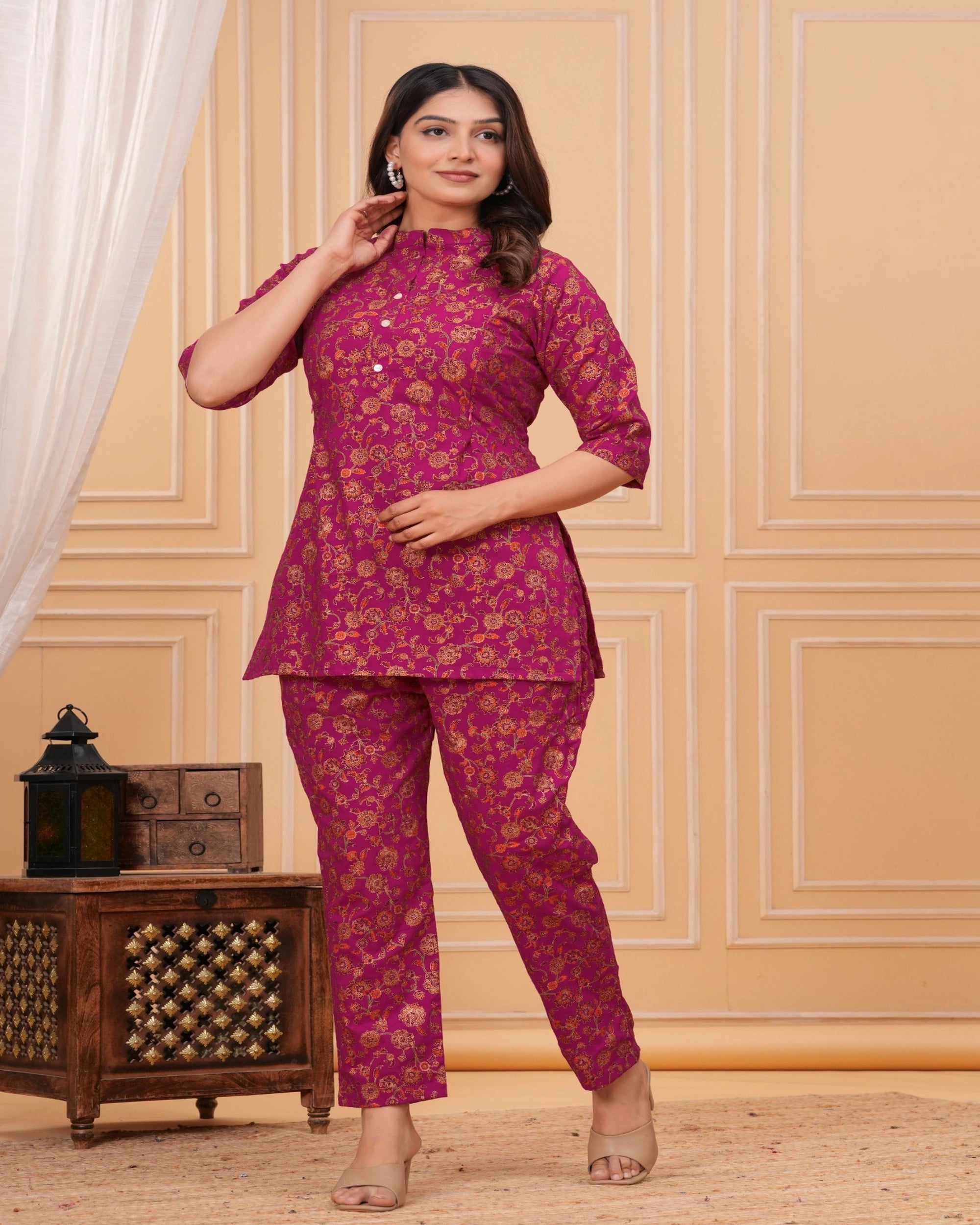 Magenta Floral Printed Cotton Maternity Kurti Pant Set