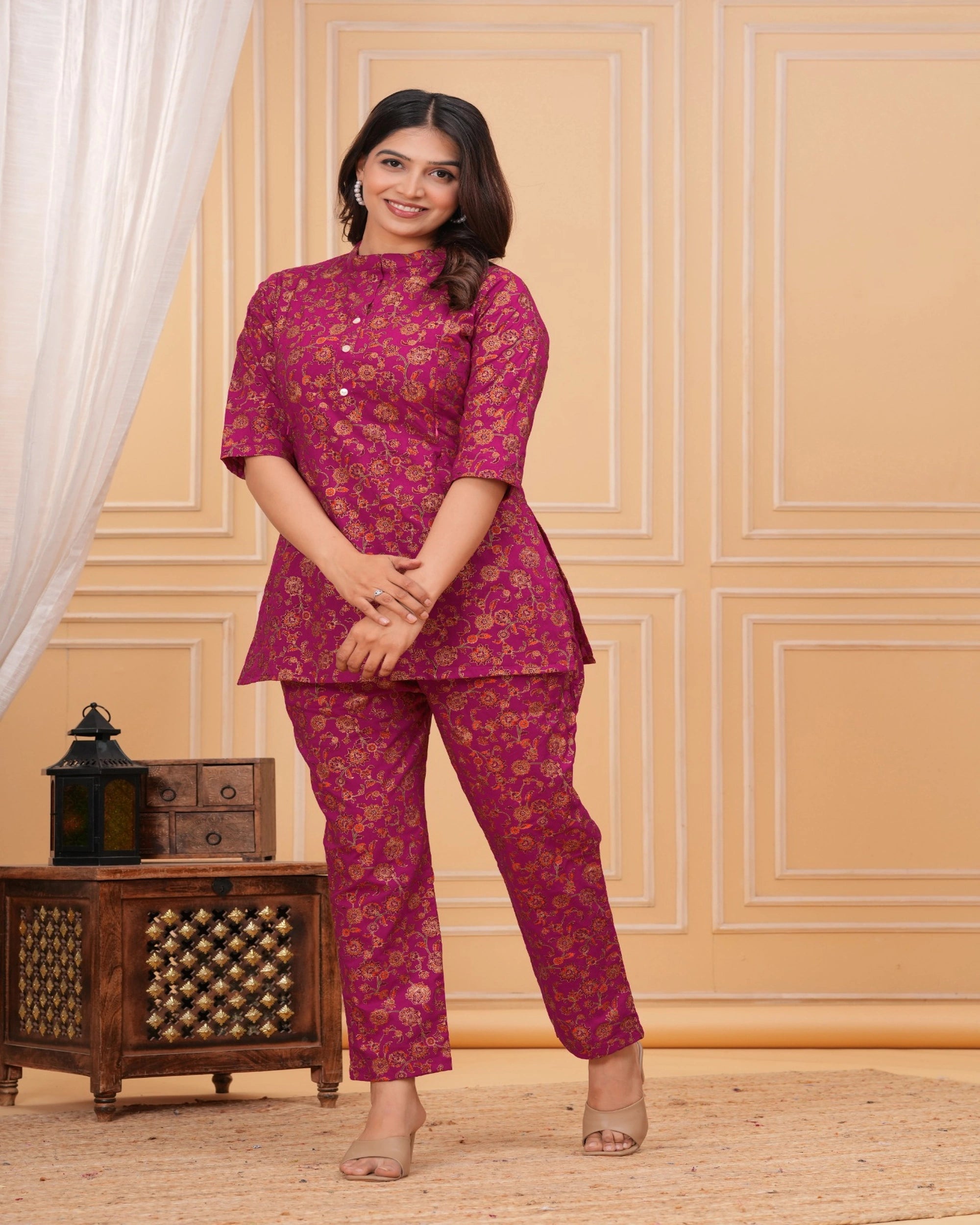 Magenta Floral Printed Cotton Maternity Kurti Pant Set