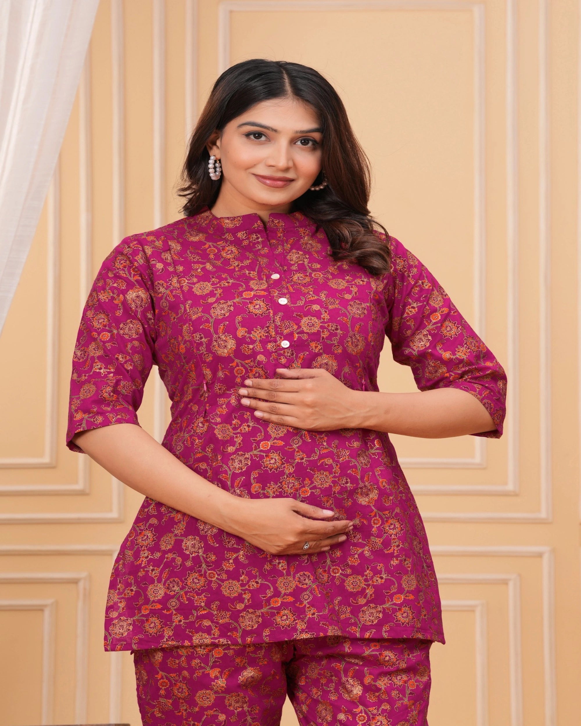 Magenta Floral Printed Cotton Maternity Kurti Pant Set
