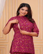 Magenta Floral Printed Cotton Maternity Kurti Pant Set